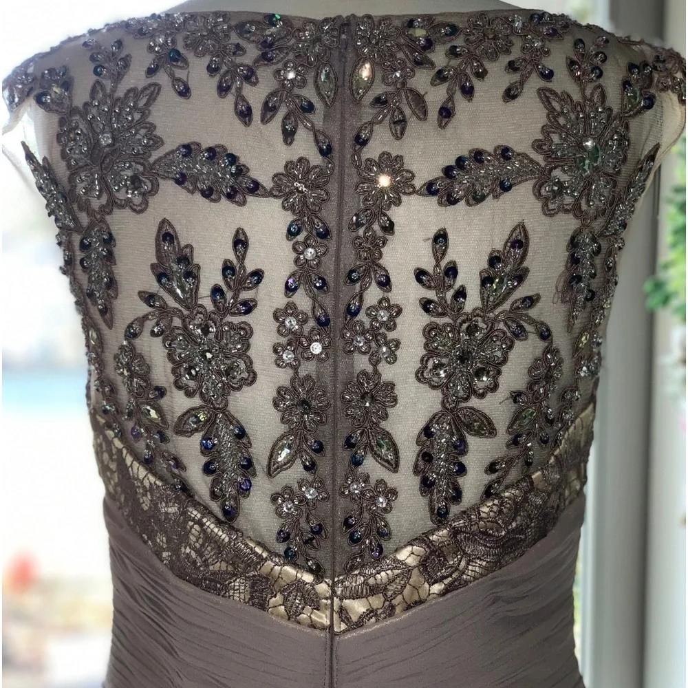 NWOT GLS Apparel Large Beaded Mocha Lace Nude Lined Mermaid Gown Cap Sleeves - Picture 12 of 15